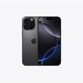 iPhone 16 Pro Max, back exterior, Black Titanium finish, Pro camera system, front exterior, all screen design, Dynamic Island, thin black display border_